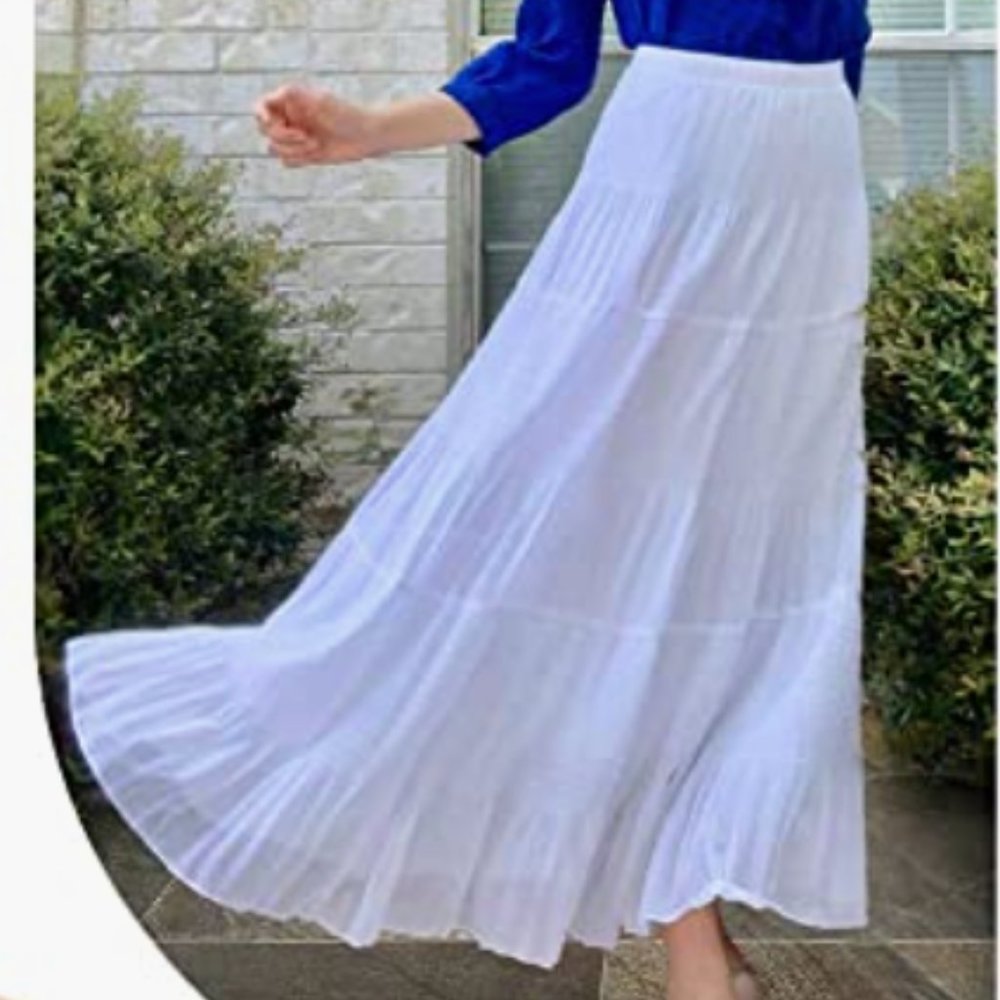 Chiffon Elastic High Waist Pleated A-Line Flared White Maxi Skirt